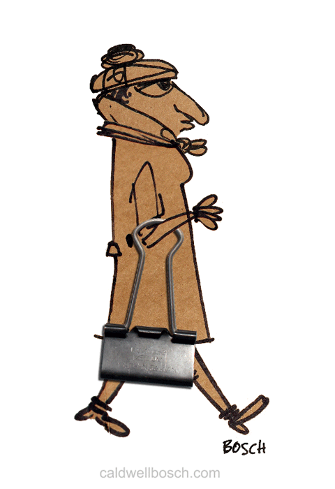 A motion, line illustration of a woman carrying a binder-clip purse.