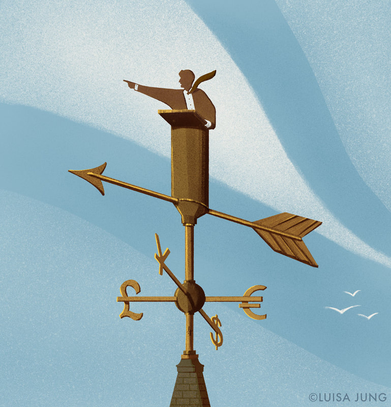 a weathervane showing a politician and symbols of currencies