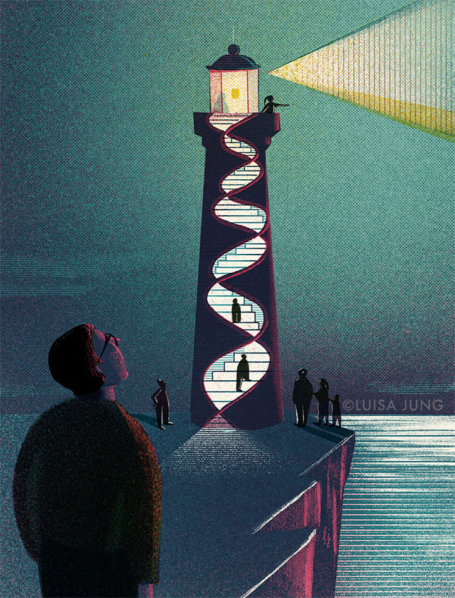 man looking at a DNA lighthouse
