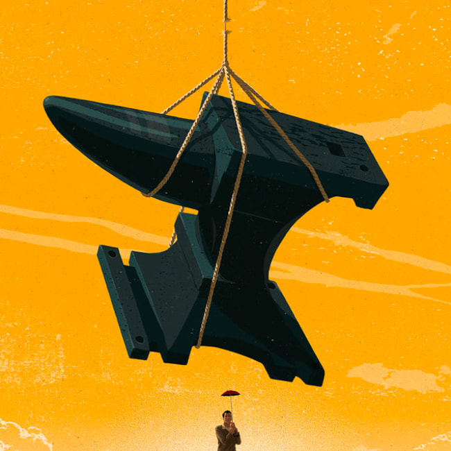 Editorial illustration of a huge anvil suspended over a small man holding a tiny umbrella.