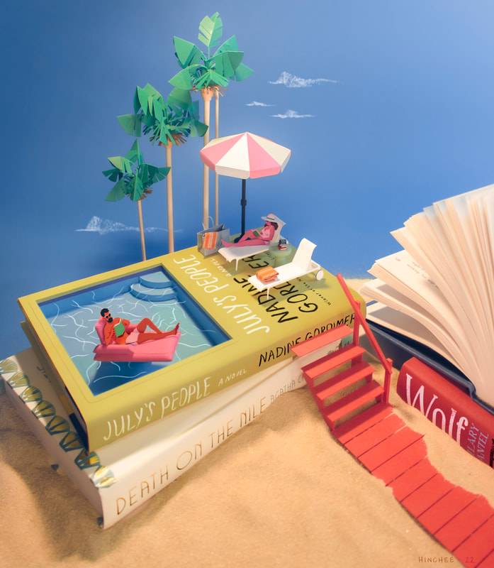 A stack of summer reading books become a swimming pool scene with lounging readers, palm trees, and umbrella