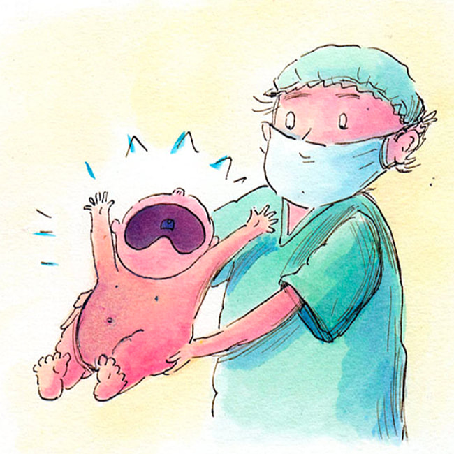 Whimsical, watercolor, pen and ink illus of a doctor delivering a baby