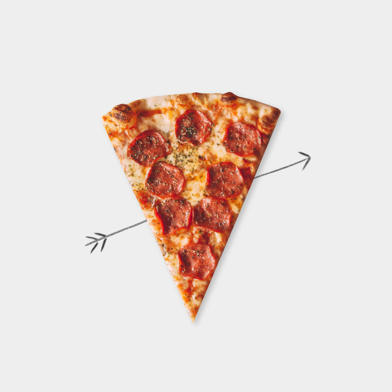 An illustration by Mariaelena Caputi of a slice of pizza pierced by an arrow as if it were a heart.