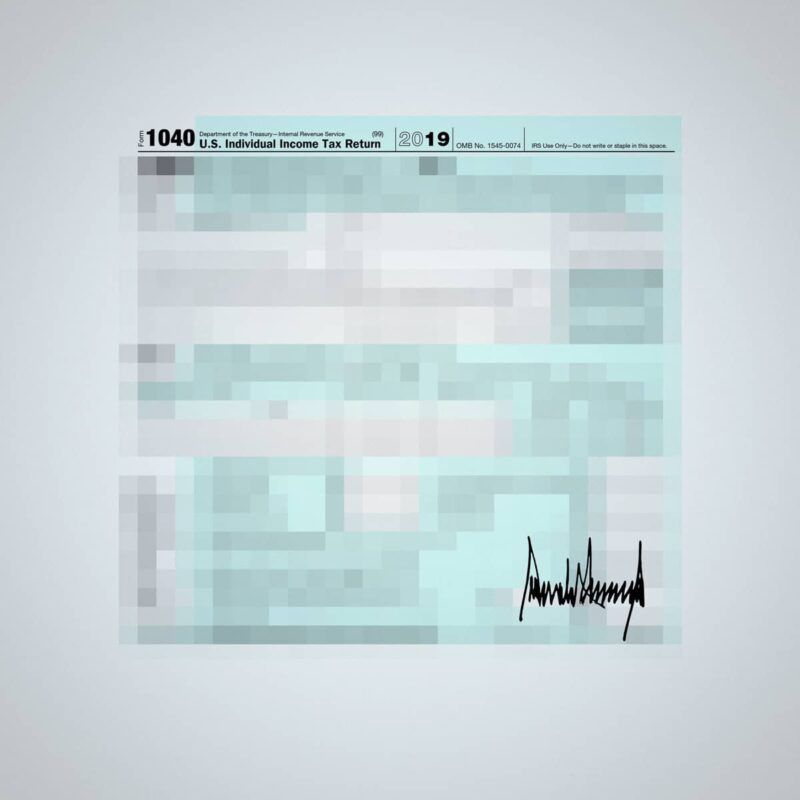 An illustration by Mariaelena Caputi of a concealed tax return form signed by Trump.
