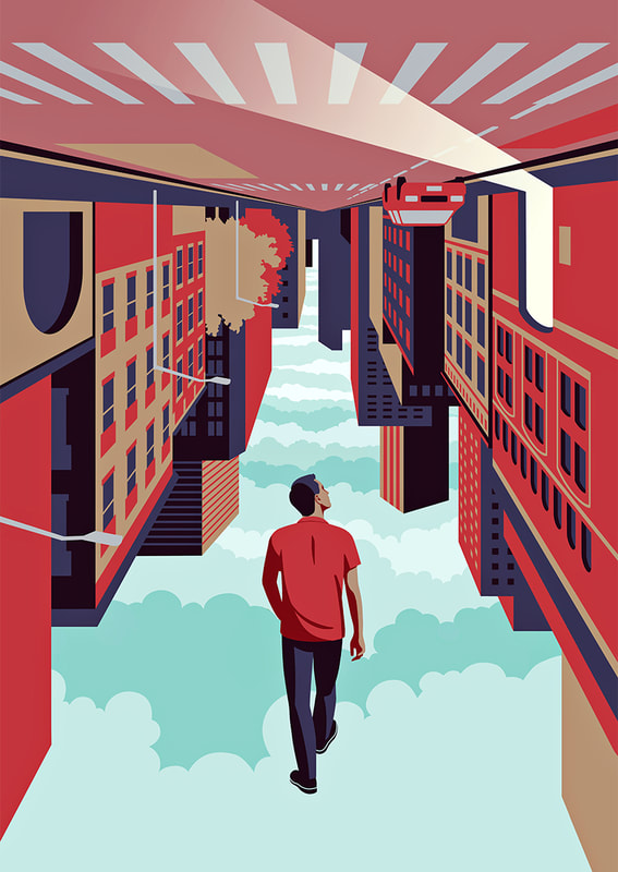 An upside-down world: surreal illustration of a man walking on a city road
