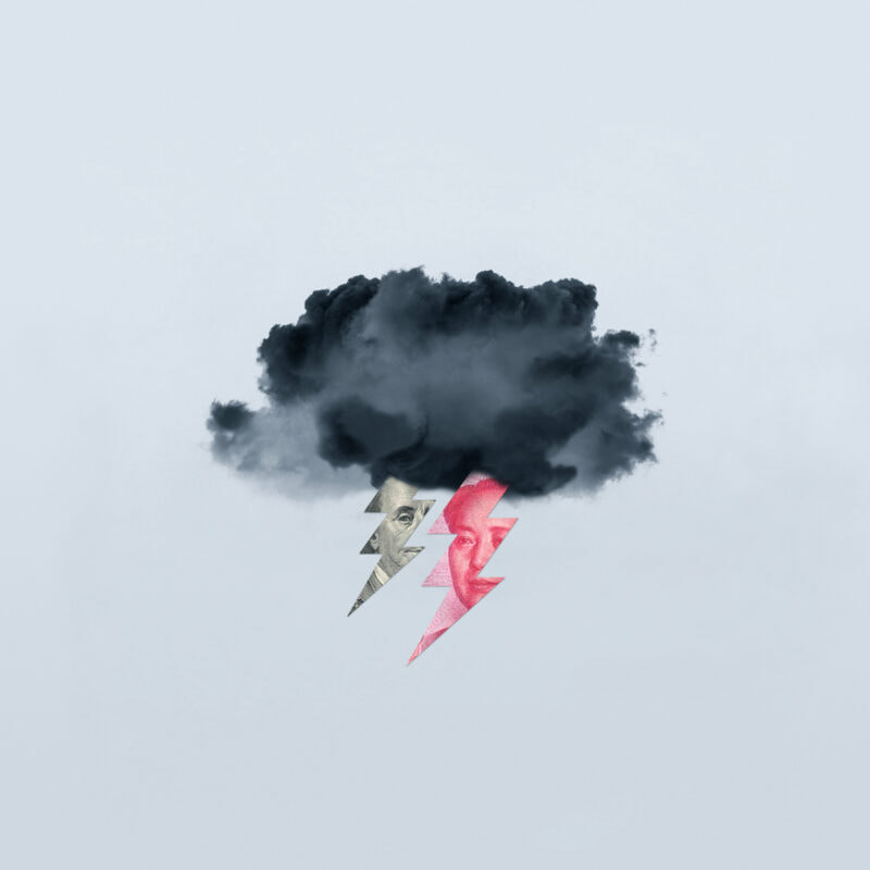 An illustration by Mariaelena Caputi of a gray cloud thundering lightning bolts of dollars and yuan.