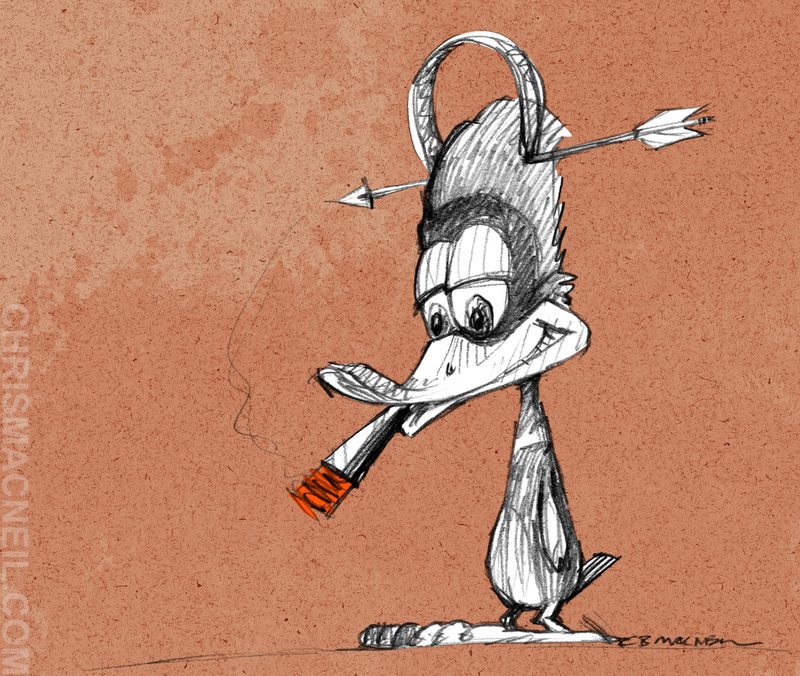 Pencil drawing of a duck smoking a cigar, a joke arrow clipped to it's head
