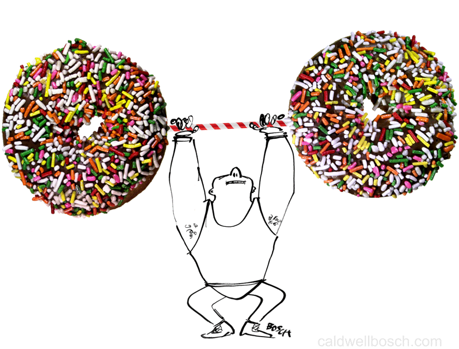 Animation, motion illustration of a weightlifter lifting two giant doughnuts, drawing by Caldwell Bosch.