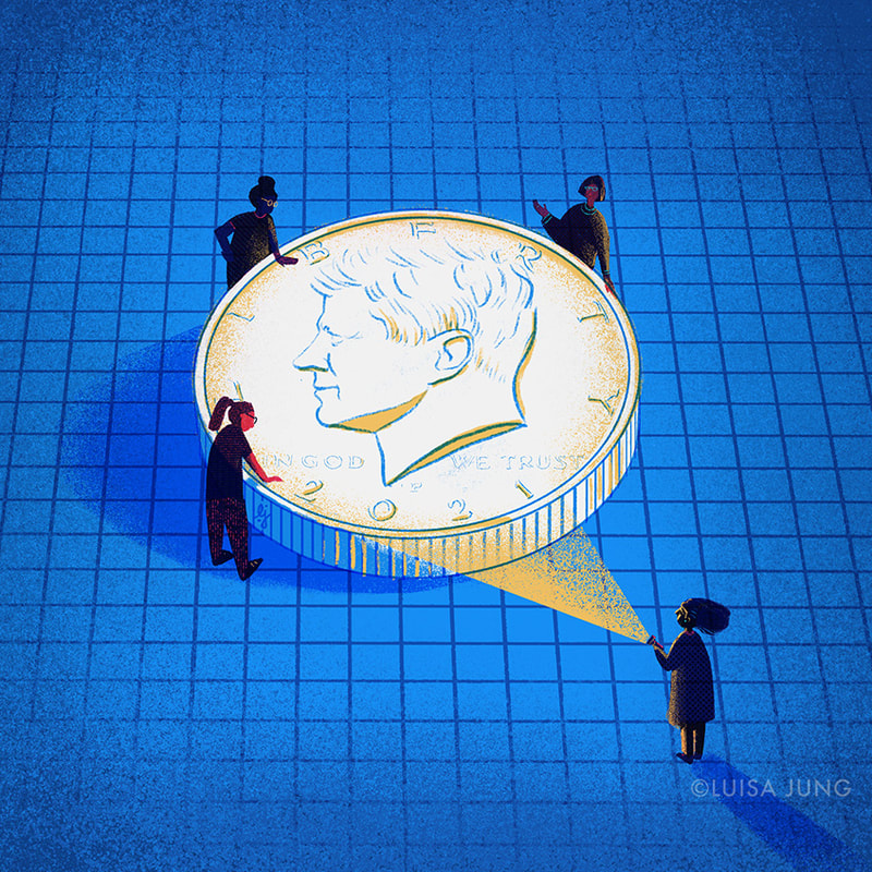 A woman shines a light on a coin forming a speech bubble